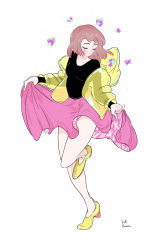 Rule 34 | 1girl, bare legs, black shirt, blush, brown hair, bug, butterfly, closed eyes, highres, holding, holding clothes, holding skirt, insect, jacket, kawatsu yuuki, leg up, long hair, original, pink skirt, see-through, see-through jacket, shirt, simple background, skirt, solo, white background, yellow footwear, yellow jacket