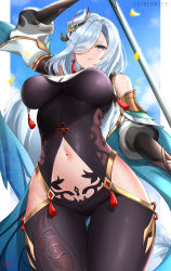 Rule 34 | 1girl, bare shoulders, blue eyes, blush, bodysuit, breasts, closed mouth, clothing cutout, commentary, cowboy shot, cyicheng, english commentary, eyes visible through hair, genshin impact, hair over one eye, hip vent, large breasts, long hair, looking at viewer, navel, outdoors, polearm, shenhe (genshin impact), shoulder cutout, silver hair, solo, very long hair, weapon