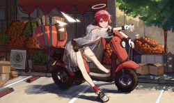 Rule 34 | 1girl, arknights, bare legs, box, bucket, cardboard box, cellphone, day, exusiai (arknights), exusiai (city rider) (arknights), food, fruit, full body, gloves, grey footwear, grey shorts, halo, headphones, highres, holding, holding phone, hood, hood down, hooded jacket, jacket, leaning forward, light rays, looking at viewer, motor vehicle, official alternate costume, orange eyes, outdoors, parted lips, penguin logistics logo, phone, red hair, red socks, scooter, shoes, short hair, short sleeves, shorts, sitting, smartphone, smile, sneakers, socks, solo, storefront, sunbeam, sunlight, sunmyrica, tree, white gloves, white jacket