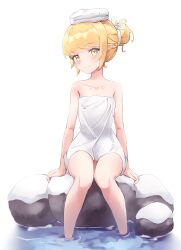 Rule 34 | 1girl, absurdres, bakemonogatari, blonde hair, blush, commentary request, hair up, highres, korean commentary, looking at viewer, monogatari (series), naked towel, onsen, oshino shinobu, partially submerged, pointy ears, shinobu1407, simple background, sitting, smile, snow, solo, towel, towel on head, water, white background, yellow eyes