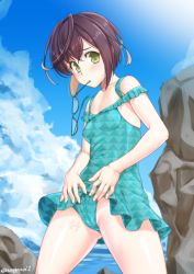 Rule 34 | 1girl, aqua-framed eyewear, aqua one-piece swimsuit, asaga aoi, bare shoulders, blue sky, breasts, clothes lift, cloud, collarbone, covered erect nipples, cowboy shot, crossed bangs, day, eyewear in mouth, fingernails, from below, furrowed brow, glasses, green eyes, kantai collection, legs apart, mouth hold, multicolored hair, okinami (kancolle), one-piece swimsuit, outdoors, pink hair, purple hair, short hair, sky, small breasts, solo, swimsuit, swimsuit lift, twitter username, two-tone hair, unmoving pattern