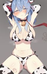 Rule 34 | 1boy, 2girls, absurdres, ako (blue archive), animal ears, animal print, armpits, arms behind back, arms up, bell, bikini, black choker, black thighhighs, blue archive, blue eyes, blue hair, blush, bow, breasts, choker, closed eyes, cow ears, cow horns, cow print, doodle sensei (blue archive), earrings, hair bow, hair over one eye, half-closed eyes, halo, highres, horns, jewelry, kkry99, leash, light blue hair, long hair, multicolored clothes, multicolored legwear, multiple girls, navel, neck bell, parted lips, sensei (blue archive), shiny skin, simple background, sitting, solo focus, steam, steaming body, swimsuit, teeth, thighhighs, thumbs up, white thighhighs