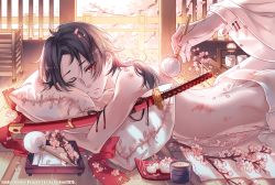 Rule 34 | 10s, 2boys, artist name, ass, cherry blossoms, closed mouth, dimples of venus, injury, instocklee, kashuu kiyomitsu, looking at viewer, lying, male focus, male saniwa (touken ranbu), mole, mole under mouth, multiple boys, hugging object, on stomach, one eye closed, out of frame, petals, pillow, pillow hug, ponytail, red scarf, saniwa (touken ranbu), scarf, sheath, sheathed, topless male, sliding doors, solo focus, sword, touken ranbu, uchiko, watermark, weapon