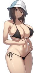 Rule 34 | 1girl, absurdres, bikini, bikini top pull, black bikini, blue hat, breasts, brown eyes, brown hair, cleavage, collarbone, commentary request, cowboy shot, curvy, girls und panzer, hat, highres, huge breasts, long hair, micro bikini, mika (girls und panzer), navel, paid reward available, samegami, side-tie bikini bottom, simple background, solo, standing, swimsuit, teasing, toned, two-tone headwear, white background, white hat