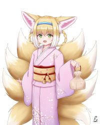 Rule 34 | 1girl, :d, absurdres, animal ear fluff, animal ears, arknights, blue hairband, braid, braided hair rings, floral print, fox ears, fox girl, fox tail, green eyes, hair between eyes, hair rings, hairband, highres, holding, japanese clothes, kimono, kinchaku, kitsune, kyuubi, light brown hair, long sleeves, looking at viewer, multicolored hair, multiple tails, obi, open mouth, pink kimono, pouch, print kimono, rylaera, sash, signature, simple background, smile, solo, suzuran (arknights), tail, twin braids, two-tone hair, white background, white hair, wide sleeves