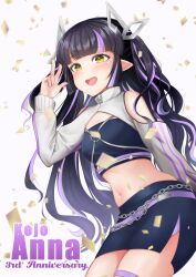Rule 34 | 1girl, absurdres, anniversary, belt, black hair, black skirt, black tube top, blunt bangs, blush, breasts, chain, character name, clothing cutout, commentary request, confetti, cowboy shot, demon girl, demon horns, highres, horns, jacket, kojo anna, kojo anna (2nd costume), lace trim, long hair, looking at viewer, loose belt, medium bangs, medium breasts, midriff, multicolored hair, nanashi inc., navel, official alternate costume, open mouth, pencil skirt, pointy ears, purple belt, purple hair, robou no stone, shiny skin, shoulder cutout, shrug (clothing), skirt, smile, solo, strapless, tube top, two-tone hair, two side up, virtual youtuber, white background, white jacket, yellow eyes