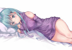 Rule 34 | 1girl, alternate costume, aqua eyes, aqua hair, bare shoulders, blush, breasts, closed mouth, detached sleeves, dress, frilled pillow, frills, hair ornament, hairclip, kantai collection, large breasts, long hair, long sleeves, looking at viewer, lying, no legwear, on side, pillow, purple sweater, simple background, sleeveless, sleeveless turtleneck, sleeves past wrists, smile, solo, suzuya (kancolle), sweater, sweater dress, tareme, thighs, turtleneck, turtleneck sweater, white background, yukishiro arte