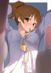 Rule 34 | 1girl, absurdres, arms behind head, arms up, blurry, blurry foreground, blush, breasts, brown eyes, brown hair, dressing, framed, hair between eyes, hair ribbon, hands in hair, highres, hirasawa ui, k-on!, kootee-on, medium breasts, mouth hold, open clothes, open shirt, ponytail, ribbon, ribbon in mouth, short hair, solo