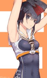 Rule 34 | 1girl, absurdres, armpits, arms behind head, asymmetrical hair, bad id, bad twitter id, black hair, brown eyes, framed breasts, hair between eyes, headphones, highres, i-14 (kancolle), kantai collection, neckerchief, one-piece swimsuit, sailor collar, school swimsuit, short hair, solo, swimsuit, terepin (terepin ice), upper body
