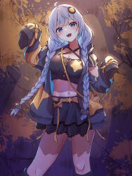 Rule 34 | 1girl, absurdres, ahoge, alternate costume, arm cutout, bag, belt, belt buckle, black crop top, black jacket, black skirt, blue eyes, blue hair, bow, braid, breasts, buckle, buttons, cleavage, collarbone, colored inner hair, criss-cross halter, crop top, fang, feet out of frame, frilled skirt, frills, hair ornament, hair over shoulder, halterneck, hands up, hatyomugi00, highres, jacket, kizuna akari, layered skirt, light, long sleeves, looking at viewer, low twin braids, midriff, miniskirt, multicolored clothes, multicolored hair, multicolored jacket, navel, open clothes, open jacket, open mouth, orange bag, orange belt, orange bow, orange jacket, simple background, skirt, sleeves past fingers, sleeves past wrists, smile, solo, standing, star-shaped bag, star (symbol), teeth, tongue, twin braids, two-tone jacket, upper teeth only, vocaloid, voiceroid, white hair