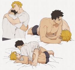 2boys ao_isami black_hair blonde_hair blue_eyes boxer_briefs closed_eyes commentary_request couple hug lewis_smith male_focus male_underwear multiple_boys multiple_views nipples on_bed pectorals shirt short_hair simple_background toned toned_male topless_male underwear white_background white_shirt yaoi yuka113_u3u yuuki_bakuhatsu_bang_bravern