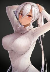 Rule 34 | 1girl, absurdres, adjusting hair, alternate costume, arms behind head, black background, blush, breasts, dark-skinned female, dark skin, glasses, hair between eyes, hair tie, highres, kantai collection, large breasts, long hair, long sleeves, looking at viewer, messy hair, mouth hold, musashi (kancolle), musashi kai ni (kancolle), ponytail, red eyes, ribbed sweater, simple background, solo, sweater, turtleneck, turtleneck sweater, twintails, upper body, very long hair, white hair, white sweater, yunamaro