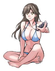 Rule 34 | 1girl, absurdres, arashio (kancolle), barefoot, bikini, blue bikini, breasts, brown hair, cleavage, commentary request, crime prevention buzzer, dated, full body, highres, indian style, kantai collection, large breasts, crossed legs, long hair, navel, simple background, sitting, smile, sozan, swimsuit, twitter username, white background, yellow eyes