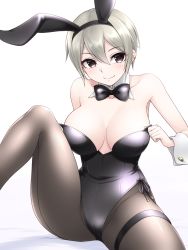 Rule 34 | 1girl, animal ears, back-seamed legwear, black bow, black bowtie, black leotard, black pantyhose, bow, bowtie, breasts, cleavage, commentary request, detached collar, fake animal ears, highres, idolmaster, idolmaster cinderella girls, large breasts, leotard, looking at viewer, pantyhose, pataneet, playboy bunny, rabbit ears, seamed legwear, shiomi syuko, simple background, sitting, smile, solo, strapless, strapless leotard, thigh strap, white background, wrist cuffs