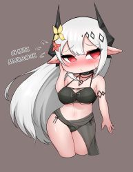 Rule 34 | 1girl, absurdres, arknights, arm strap, bikini, black bikini, black collar, blush, brown background, character name, chibi, collar, cowboy shot, cropped legs, demon horns, flower, grey hair, hair ornament, highres, horns, jewelry, long hair, manggapaegtoli, mudrock (arknights), mudrock (silent night) (arknights), navel, necklace, official alternate costume, pointy ears, red eyes, red flower, simple background, solo, stomach, sweat, swimsuit, yellow flower