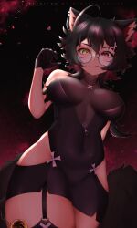 Rule 34 | 1girl, :p, ahoge, animal ears, black gloves, breasts, cat ears, cat tail, colored inner hair, covered navel, garter straps, glasses, gloves, heterochromia, highres, hip vent, large breasts, lita (winterkindlita), looking at viewer, multicolored hair, original, red eyes, red hair, round eyewear, short hair with long locks, solo, tail, thighhighs, tongue, tongue out, two-tone hair, virtual youtuber, winterkindlita, yellow eyes