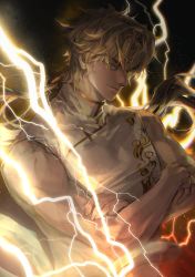 Rule 34 | 1boy, blonde hair, commentary, crossed arms, dark background, hhaet2, highres, lightning, long hair, looking at viewer, male focus, monkey tail, omniscient reader&#039;s viewpoint, ponytail, sideways glance, sleeveless, smile, smirk, solo, sun wukong (omniscient reader&#039;s viewpoint), symbol-only commentary, tail, yellow eyes