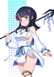 Rule 34 | 1girl, absurdres, bare shoulders, black hair, blue eyes, blue ribbon, blush, breasts, closed mouth, dress, fate/grand order, fate/requiem, fate (series), flying sweatdrops, fundoshi, halterneck, highres, japanese clothes, jewelry, long sleeves, looking at viewer, magatama, magatama hair ornament, medium breasts, medium hair, multicolored hair, necklace, pelvic curtain, pink hair, polearm, puffy long sleeves, puffy sleeves, ribbon, short dress, sideboob, sideless outfit, softwareworker, solo, spear, standing, streaked hair, thighs, utsumi erice, wavy mouth, weapon, white dress