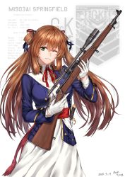 Rule 34 | 1girl, baek hyang, blush, bolt action, breasts, brown hair, collared jacket, collared shirt, cowboy shot, dated, dress, girls&#039; frontline, gloves, green eyes, gun, hair between eyes, hair ribbon, hair rings, highres, holding, holding gun, holding weapon, jacket, large breasts, long hair, long sleeves, looking at viewer, m1903 springfield, military, military uniform, neck ribbon, one eye closed, open mouth, parted lips, ponytail, red ribbon, ribbon, rifle, sash, scope, shirt, sidelocks, signature, simple background, smile, solo, springfield (girls&#039; frontline), sword, trigger discipline, uniform, weapon, white background, white dress