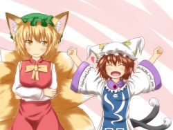 Rule 34 | 2girls, ^ ^, animal ear fluff, animal ears, arms up, blonde hair, brown hair, cat tail, chen, chen (cosplay), clenched hands, closed eyes, cosplay, costume switch, crossed arms, fang, fangs, fox ears, fox tail, highres, horokusa (korai), korai, looking at viewer, multiple girls, multiple tails, nekomata, open mouth, short hair, smile, tail, touhou, yakumo ran, yakumo ran (cosplay), yellow eyes