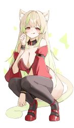 Rule 34 | 1girl, absurdres, animal ears, blonde hair, cat ears, commission, detached sleeves, green hair, highres, licking lips, long hair, looking at viewer, multicolored hair, original, red eyes, shiro wa (shiroshironix), skeb commission, solo, squatting, tail, thighhighs, tongue, tongue out