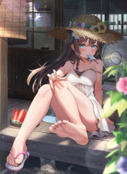 Rule 34 | 1girl, absurdres, animal, bare legs, bare shoulders, barefoot, black hair, blue eyes, blurry, blurry foreground, braid, breasts, brown hat, cat, collarbone, commentary request, dress, electric fan, feet, flower, food, food in mouth, fruit, full body, hair flower, hair ornament, hand on own knee, hat, hat flower, highres, knees up, legs, long hair, medium breasts, mouth hold, nail polish, nose (oekaki1825), original, pink flower, pink nails, popsicle, purple eyes, sandals, sidelocks, single sandal, sitting, sleeveless, sleeveless dress, soles, solo, strap slip, straw hat, sunflower, sweat, toenail polish, toenails, toes, watermelon, watermelon slice, white dress, white flower, white footwear, window, wooden floor, yellow flower