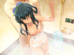 Rule 34 | 1boy, 1girl, alice soft, animal, arm up, arrow (projectile), bare shoulders, bathing, behind another, black hair, blush, breast massage, breasts, breasts out, closed eyes, clothed female nude male, cum, daiteikoku, dutch angle, ejaculation, female ejaculation, female ejaculation through clothes, femu beko, fingering, fingernails, flower, fringe trim, frog, game cg, grabbing, grabbing another&#039;s breast, hair flower, hair ornament, hetero, hologram, hose, indoors, leaf, leaf hair ornament, leaf on head, mixed-sex bathing, mutsumi masato, nipple stimulation, nipple tweak, nipples, nude, one-piece swimsuit, orange hair, out of frame, pet, push-button, see-through, shared bathing, showering, sitting, small breasts, standing, staring, steam, swimsuit, thermometer, touchscreen, tougou tsuyoshi, transparent, twintails, water, water drop, wet, wet clothes, wet swimsuit, white one-piece swimsuit