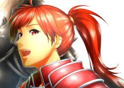 Rule 34 | 1boy, 1girl, :d, absurdres, aduti momoyama, armor, black armor, eyelashes, fire emblem, fire emblem: path of radiance, fire emblem: radiant dawn, haar (fire emblem), highres, jill (fire emblem), long hair, nintendo, open mouth, ponytail, red armor, red eyes, red hair, simple background, smile, solo focus, turtleneck, upper body, white background