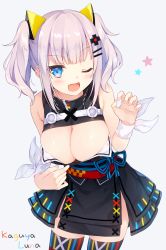 Rule 34 | 1girl, ;d, bad id, bad pixiv id, blue eyes, breasts, character name, cleavage, cleavage cutout, clothes pull, clothing cutout, dress, dress pull, fang, fingernails, hair ornament, half-closed eyes, highres, kaguya luna, large breasts, leaning forward, looking at viewer, obi, one eye closed, open mouth, rurudo, sash, silver hair, sleeveless, sleeveless dress, smile, solo, star (symbol), the moon studio, thighhighs, twintails, virtual youtuber