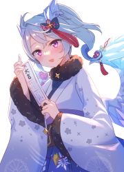 Rule 34 | 1girl, blue hair, blush, dragon girl, dragon horns, gucchiann, highres, horns, japanese clothes, kimono, looking at viewer, open mouth, ponytail, princess connect!, purple eyes, sheffy (princess connect!)