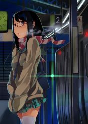 Rule 34 | 1girl, absurdres, bag, black hair, blue eyes, breath, clock, earphones, foge, from side, glasses, handbag, hands in pockets, highres, long hair, open mouth, original, plaid, plaid skirt, purple eyes, scarf, skindentation, skirt, solo, striped clothes, striped scarf, subway, thighhighs, train, train station, white thighhighs, zettai ryouiki