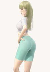 Rule 34 | 1girl, absurdres, ano (gccx8784), ass, bad id, bad pixiv id, blonde hair, commentary request, from side, green leggings, hand on own hip, highres, leggings, long hair, looking afar, original, profile, shirt, short sleeves, simple background, solo, standing, straight hair, sweat, white background, white shirt, yellow eyes