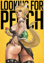 Rule 34 | 1girl, absurdres, armlet, ass, black dress, blonde hair, blue eyes, bowsette, bracelet, breasts, clothes lift, collar, crown, dress, dress lift, fang, feet out of frame, fingernails, from behind, highres, horns, jewelry, large breasts, looking at viewer, looking back, mario (series), mole, mole under mouth, monori rogue, new super mario bros. u deluxe, nintendo, open mouth, panties, parted lips, sharp fingernails, shell, short hair, sideboob, sidelocks, simple background, solo, spiked armlet, spiked bracelet, spiked collar, spiked legwear, spikes, standing, tail, thighhighs, underwear