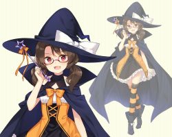 Rule 34 | 1girl, :d, alternate costume, bekotarou, black footwear, black hat, bow, brown hair, cape, commentary request, crossed legs, dress, halloween costume, hand up, hat, hat bow, holding, looking at viewer, open mouth, orange bow, purple-framed eyewear, purple eyes, semi-rimless eyewear, smile, standing, star (symbol), striped background, striped clothes, striped thighhighs, thighhighs, touhou, twintails, under-rim eyewear, usami sumireko, vertical stripes, white bow, witch hat, zettai ryouiki, zoom layer