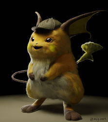 Rule 34 | 3d, black background, brown eyes, commentary request, creature, creatures (company), detective pikachu, detective pikachu (character), detective pikachu (movie), full body, game freak, gen 1 pokemon, hat, highres, mcgmark, nintendo, no humans, open mouth, pikachu, pokemon, pokemon (creature), raichu, realistic, shadow, simple background, smile, solo, standing
