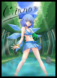 Rule 34 | 1girl, aitsugawa rui, bad id, bad pixiv id, bare shoulders, bikini, blue eyes, blue hair, bow, breasts, character name, cirno, cleavage, food, forest, fruit, hair bow, holding, holding food, holding fruit, matching hair/eyes, nature, navel, phantasmagoria of flower view, river, short hair, small breasts, solo, swimsuit, touhou, wading, water, watermelon, wings, wristband