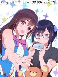 Rule 34 | 2girls, :&gt;, a-chan (hololive), ankimo (tokino sora), arm around back, bare arms, bare shoulders, belt, black-framed eyewear, black shirt, blue eyes, blue vest, blush, closed mouth, collared shirt, glasses, hand on another&#039;s arm, highres, holding, hololive, long hair, looking at viewer, lunch (shin new), multiple girls, navel, neck ribbon, open clothes, open vest, outstretched arm, pink ribbon, purple eyes, purple hair, reaching, reaching towards viewer, ribbon, shirt, sleeveless, sleeveless shirt, sparkle background, straight hair, stuffed animal, stuffed toy, tareme, tears, teddy bear, tokino sora, tokino sora (old design), two-handed, upper body, vest, virtual youtuber, white shirt, wing collar, youtube creator award