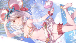 Rule 34 | 1girl, animal ears, anklet, bare shoulders, barefoot, bikini, bikini bottom aside, blush, breasts, breasts out, bridal garter, cherry blossoms, choker, cleavage, closed mouth, clothing aside, cloud, eyewear on head, fake animal ears, fanbox username, flower, foot out of frame, granblue fantasy, hair flower, hair ornament, hairband, highres, innertube, jacket, jewelry, looking at viewer, miniskirt, mismatched bikini, mouse (animal), navel, nipples, petals, pussy, red eyes, scrunchie, see-through, see-through jacket, shading eyes, short hair, sideways, skirt, small breasts, smile, solo, star-shaped eyewear, star (symbol), striped bikini, striped clothes, sunglasses, swim ring, swimsuit, teeth, tongue, tongue out, twitter username, upper teeth only, vikala (blooming summer wallflower) (granblue fantasy), vikala (granblue fantasy), water, white hair, white skirt, wrist scrunchie, yellowpaint.