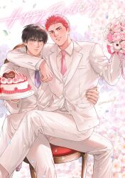 Rule 34 | 2boys, absurdres, birthday cake, black hair, blush, bouquet, cake, closed mouth, collared shirt, english text, flower, food, happy birthday, highres, holding, holding bouquet, holding plate, jacket, looking at viewer, male focus, multiple boys, necktie, om3632f, pants, plate, red hair, rukawa kaede, sakuragi hanamichi, shirt, short hair, sitting, slam dunk (series), smile, teeth, white jacket, white pants, white shirt, yaoi