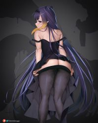 Rule 34 | 1girl, absurdres, ass, black dress, blonde hair, breasts, butt crack, clothes pull, dress, feet out of frame, from behind, gradient hair, greatodoggo, highres, hololive, hololive english, large breasts, long hair, multicolored hair, ninomae ina&#039;nis, pantyhose, pantyhose pull, pointy ears, pulled by self, purple eyes, purple hair, short dress, sidelocks, solo, standing, strap slip, twitter logo, very long hair, virtual youtuber