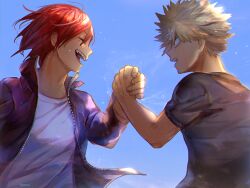 Rule 34 | 2girls, anezu, artist name, bakugou katsuki, black shirt, blue background, blurry, boku no hero academia, chromatic aberration, depth of field, eyebrows hidden by hair, facing another, floating clothes, floating hair, from side, hand up, happy, high collar, holding hands, jacket, kirishima eijirou, long sleeves, looking at another, male focus, multiple girls, open clothes, open jacket, open mouth, profile, purple jacket, red eyes, red hair, sharp teeth, shirt, short hair, short sleeves, sidelighting, smile, spiked hair, steam, straight hair, sweat, t-shirt, teeth, upper body, upper teeth only, white shirt, zipper