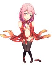 Rule 34 | 10s, 1girl, bare shoulders, black legwear, breasts, center opening, cleavage, detached sleeves, elbow gloves, fingerless gloves, gloves, guilty crown, hair ornament, hairclip, highres, long hair, looking at viewer, navel, pink hair, red eyes, small breasts, smile, solo, twintails, w-verne, yuzuriha inori