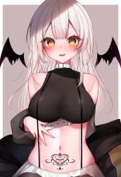 Rule 34 | 1girl, @ @, absurdres, aoi migo, bare shoulders, bat wings, blush, breasts, collar, commentary request, crop top, detached sleeves, highres, large breasts, long hair, looking at viewer, navel, open mouth, original, pubic tattoo, simple background, skin tight, skirt, solo, stomach, tattoo, upper body, white hair, white skirt, wings, yellow eyes