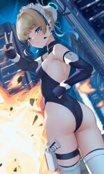 Rule 34 | 1girl, absurdres, ass, black gloves, black leotard, blonde hair, blue archive, blue eyes, blue hair, blue ribbon, braid, breasts, building, bun cover, chinese commentary, commentary request, cowboy shot, dutch angle, earpiece, elbow gloves, fingerless gloves, fire, french braid, from behind, gloves, hair bun, hair ribbon, halo, headset, highleg, highleg leotard, highres, holster, jixo (user nzhc8728), leotard, looking at viewer, looking back, maid headdress, multicolored hair, night, ribbon, short hair, sideboob, single hair bun, sleeveless turtleneck leotard, small breasts, solo, streaked hair, thigh holster, thighhighs, toki (blue archive), turtleneck, white thighhighs