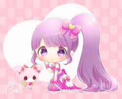 Rule 34 | 1girl, blunt bangs, blush, bow, chibi, closed mouth, commentary request, dress, full body, hair bow, hand up, long hair, looking at viewer, manaka non, pink background, pink bow, pink dress, pretty series, pripara, purple eyes, purple hair, rin (ikura meshi), side ponytail, signature, sitting, solo, usacha, very long hair, wrist cuffs