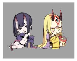 Rule 34 | 2girls, blonde hair, breasts, chibi, chips (food), eating, fate/grand order, fate (series), food, horns, ibaraki douji (fate), japanese clothes, kimono, long hair, looking at viewer, multiple girls, navel, oni, open mouth, pointy ears, potato chips, purple eyes, purple hair, purple kimono, short hair, shuten douji (fate), sitting, skin-covered horns, small breasts, smile, takuan (takuanlunch), yellow eyes, yellow kimono