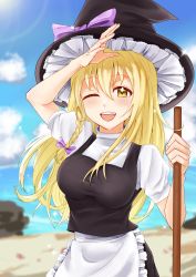 Rule 34 | 1girl, akaakaakaakashio, apron, beach, black skirt, black vest, blonde hair, blue sky, blurry, blurry background, blush, bow, braid, breasts, cloud, cookie (touhou), cowboy shot, frilled apron, frills, hair between eyes, hair bow, hat, highres, impossible clothes, impossible vest, kirisame marisa, lens flare, long hair, looking at viewer, medium breasts, ocean, open mouth, outdoors, purple bow, sand, shading eyes, shirt, side braid, single braid, skirt, sky, smile, solo, touhou, uzuki (cookie), vest, waist apron, water, white apron, white shirt, witch hat, yellow eyes