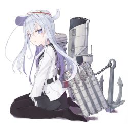 Rule 34 | 1girl, anchor, between legs, black pantyhose, black sailor collar, black skirt, blue eyes, blue hair, blush, chain, closed mouth, commentary request, flat cap, full body, hair between eyes, hammer and sickle, hand between legs, hat, hibiki (kancolle), kantai collection, long hair, long sleeves, looking at viewer, looking to the side, machinery, mochiki, no shoes, pantyhose, pleated skirt, sailor collar, school uniform, serafuku, shirt, sitting, skirt, soles, solo, star (symbol), torpedo tubes, v arms, verniy (kancolle), very long hair, wariza, white background, white hat, white shirt