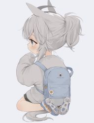 Rule 34 | 1girl, absurdres, aged down, animal ears, backpack, bad id, bad twitter id, bag, black shorts, blouse, blue eyes, expressionless, from behind, full body, grey background, grey shirt, hand to own mouth, highres, horse ears, horse girl, horse tail, ishida umi, long hair, oguri cap (umamusume), ponytail, shirt, shoes, shorts, silver hair, simple background, sitting, sleeves past wrists, solo, tail, umamusume, white footwear