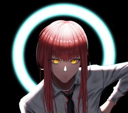 Rule 34 | 1girl, aura, besty (2595782151), black background, black necktie, chainsaw man, closed mouth, collared shirt, hand on own hip, highres, long hair, looking at viewer, makima (chainsaw man), necktie, red hair, shirt, solo, upper body, very long hair, white shirt, wing collar, yellow eyes